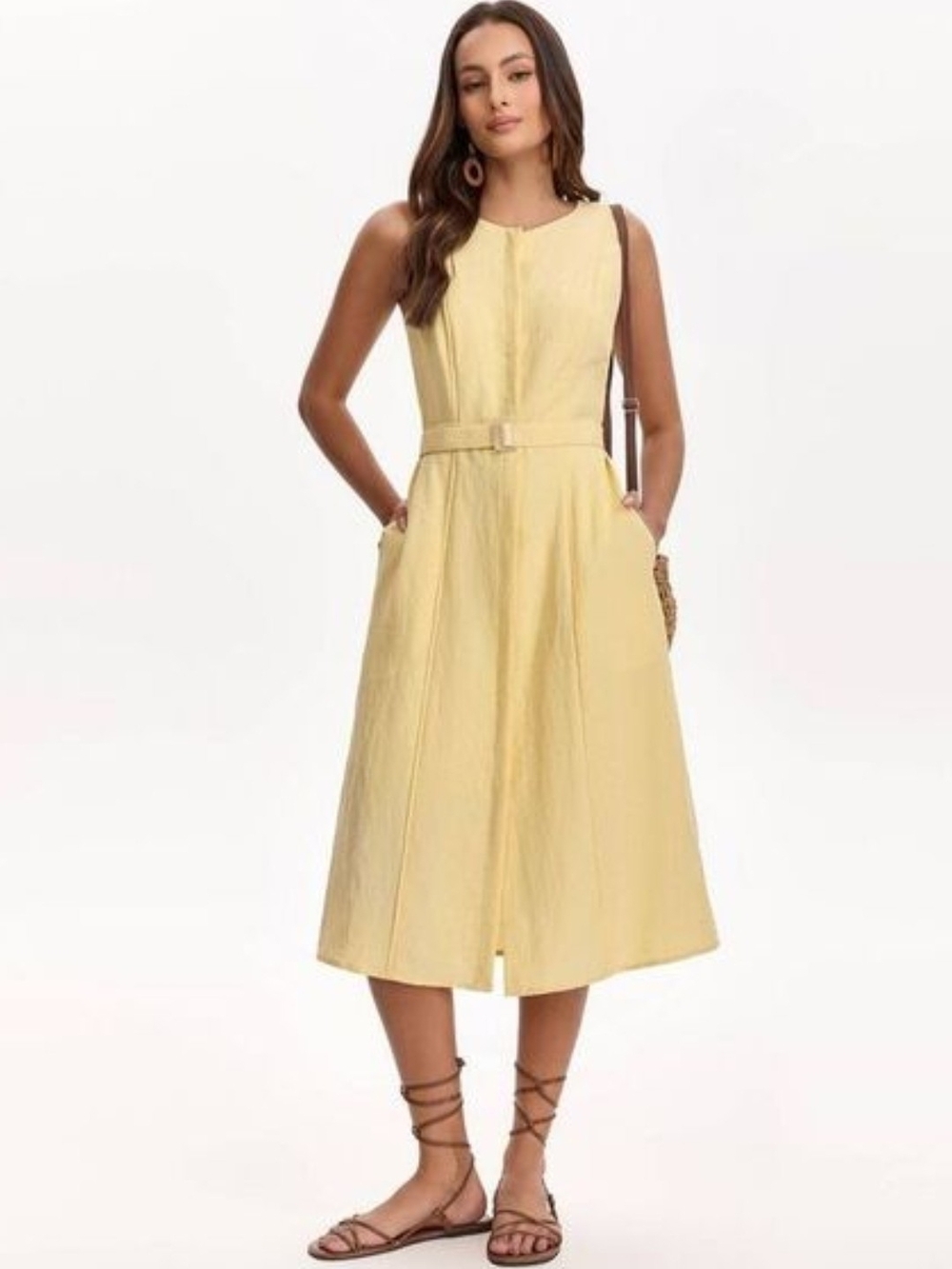 NWT A new day Sleeveless Pale Yellow Midi Dress with Belt